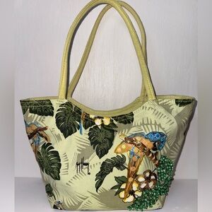 Guy Harvey Canvas Tote Bag Sequin Bead Parrot Bird Lime Blue Tropical Beach Tote